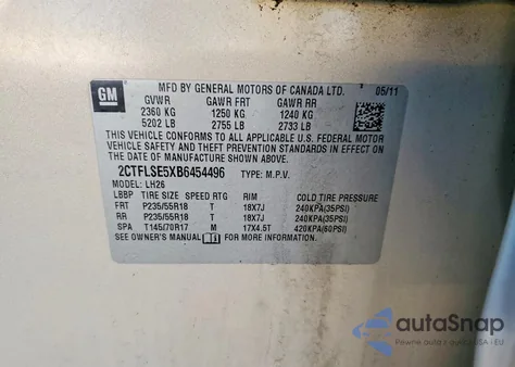 2011 GMC Terrain Sle z USA, uszkodzony, nr VIN 2CTFLSE5XB6454496